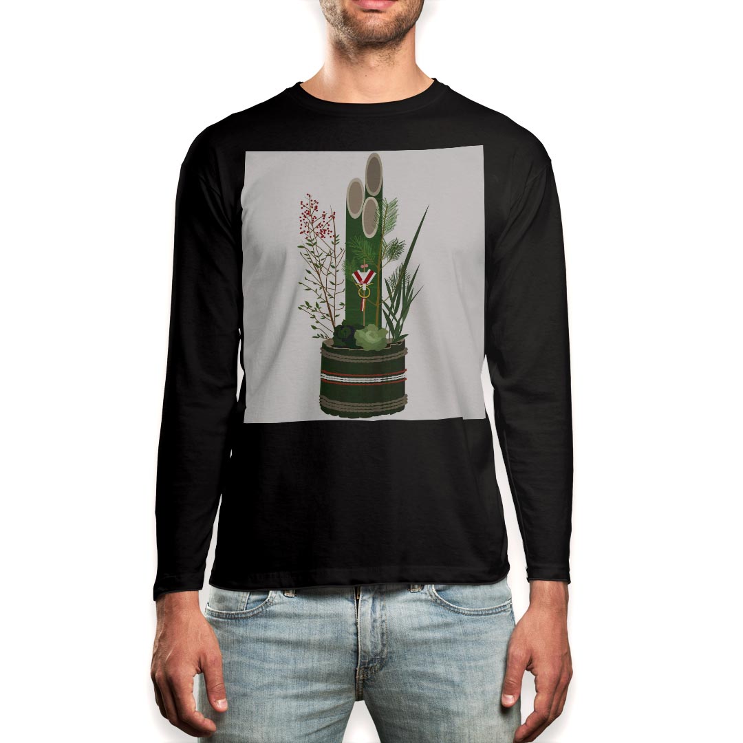 Long-Sleeved - ロング tシャツ メンズ 長袖 ブラック デザイン XS S M L XL 2XL ロンT ティーシャツ 黒 black T shirt long sleeve 013197 門松　正月　緑