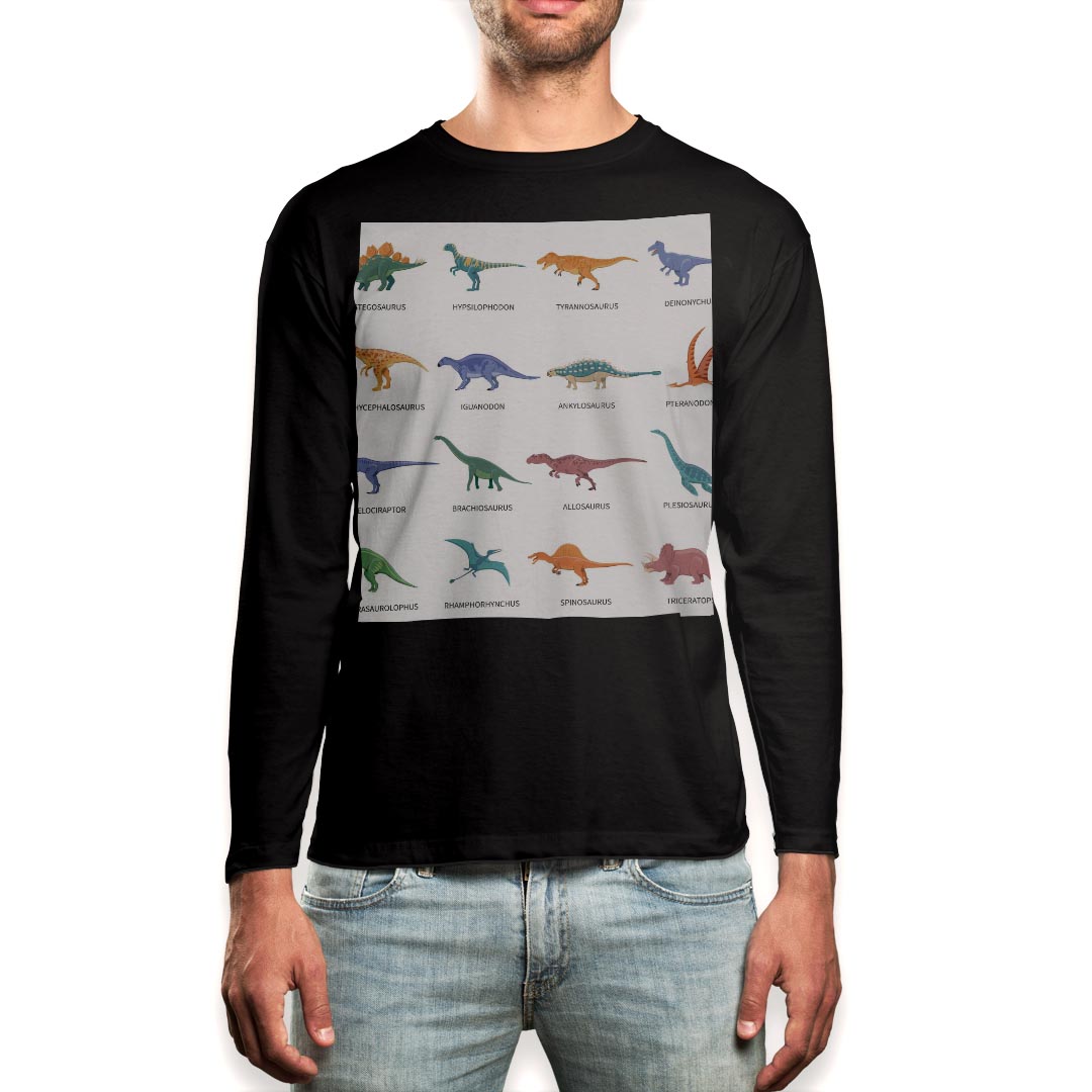 ロング tシャツ メンズ 長袖 ブラック デザイン XS S M L XL 2XL ロンT ティーシャツ 黒 black T shirt long sleeve 013280 恐竜 英語 文字