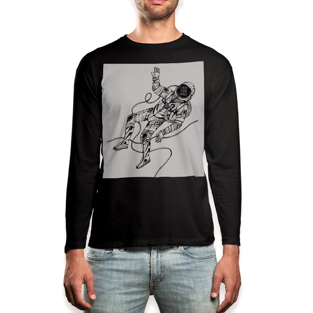 ロング tシャツ メンズ 長袖 ブラック デザイン XS S M L XL 2XL ロンT ティーシャツ 黒 black T shirt long sleeve 013333 宇宙　宇宙服　モノトーン