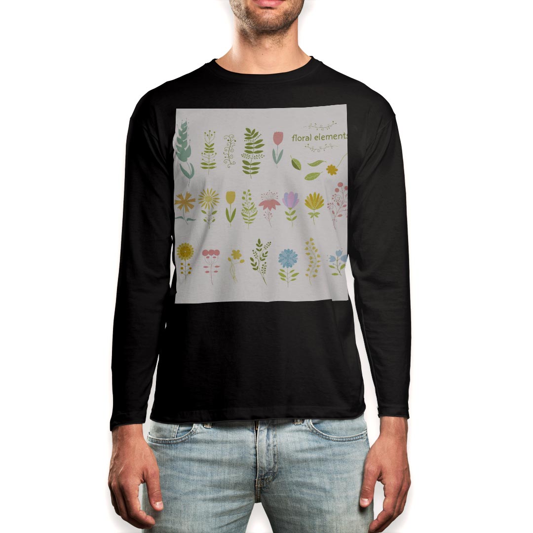 ロング tシャツ メンズ 長袖 ブラック デザイン XS S M L XL 2XL ロンT ティーシャツ 黒 black T shirt long sleeve 013407 花　植物　英語