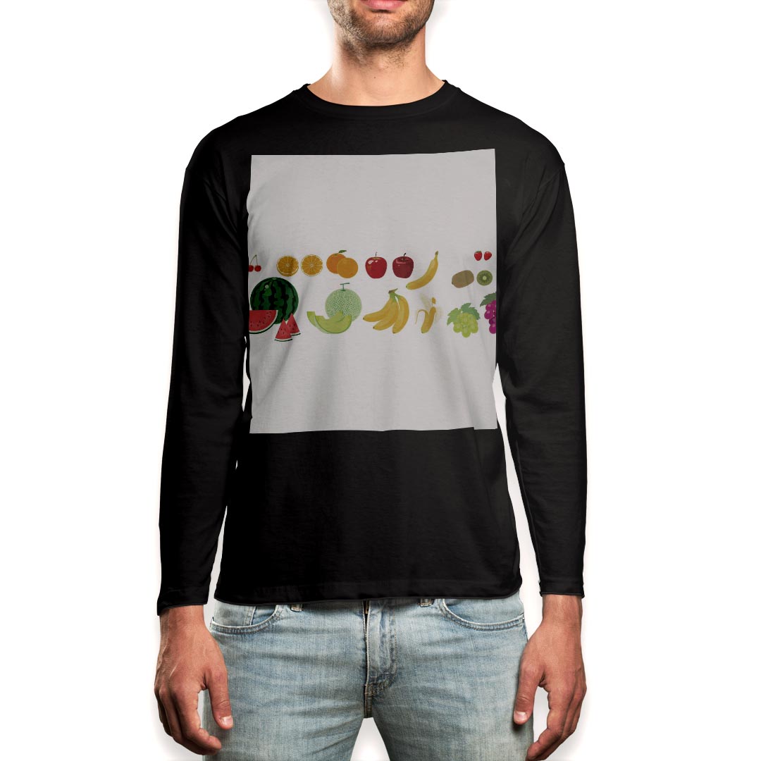 ロング tシャツ メンズ 長袖 ブラック デザイン XS S M L XL 2XL ロンT ティーシャツ 黒 black T shirt long sleeve 013437 果物　バナナ　メロン