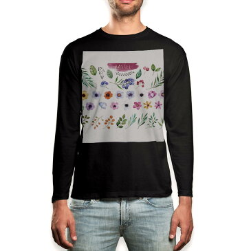 ロング tシャツ メンズ 長袖 ブラック デザイン XS S M L XL 2XL ロンT ティーシャツ 黒 black T shirt long sleeve 013461 花 葉 植物 パステル