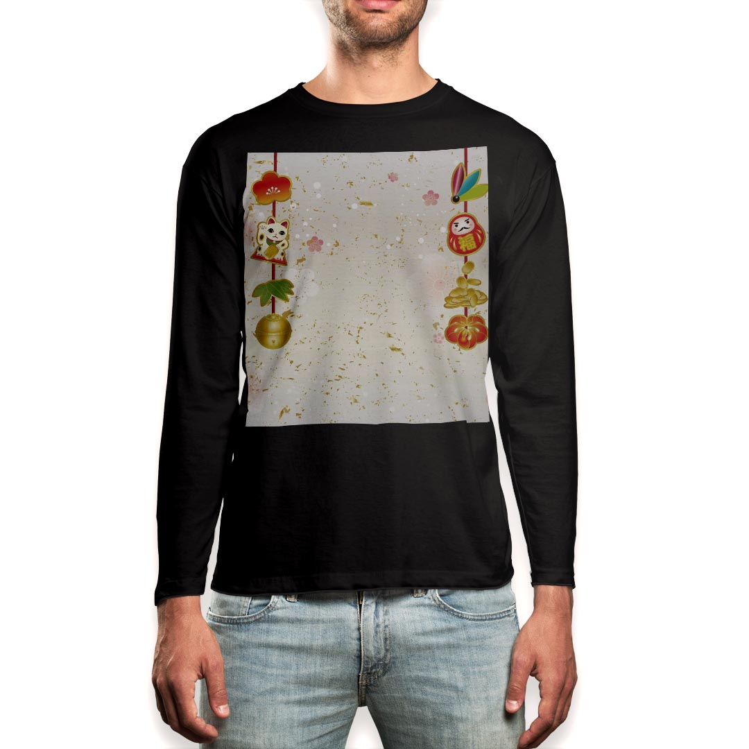 ロング tシャツ メンズ 長袖 ブラック デザイン XS S M L XL 2XL ロンT ティーシャツ 黒 black T shirt long sleeve 013579 お正月 梅 金箔