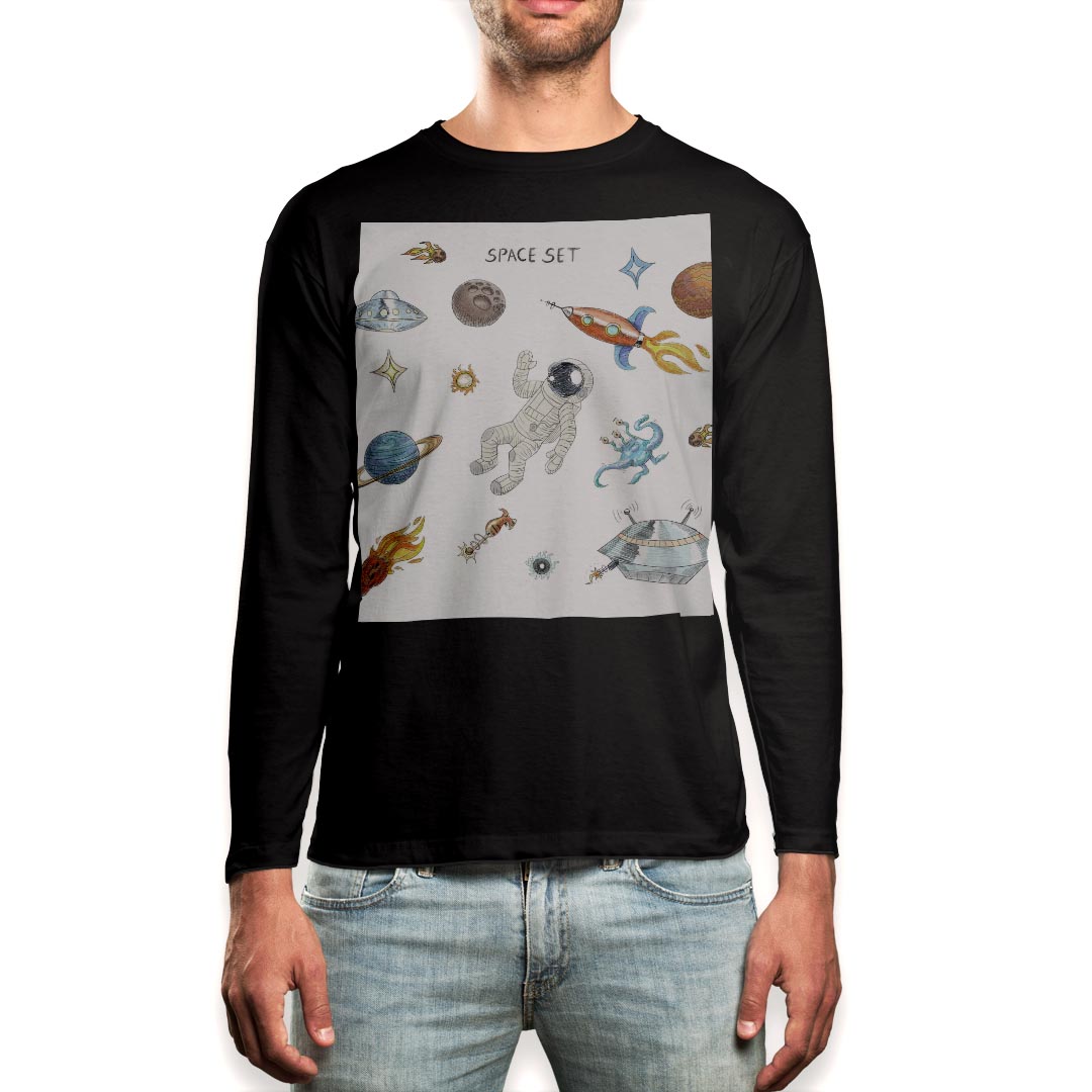 ロング tシャツ メンズ 長袖 ブラック デザイン XS S M L XL 2XL ロンT ティーシャツ 黒 black T shirt long sleeve 013608 宇宙 UFO スペース