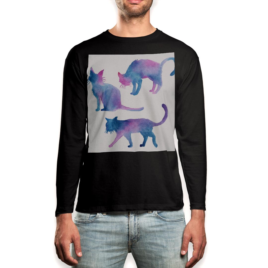 ロング tシャツ メンズ 長袖 ブラック デザイン XS S M L XL 2XL ロンT ティーシャツ 黒 black T shirt long sleeve 013829 猫 水彩 動物
