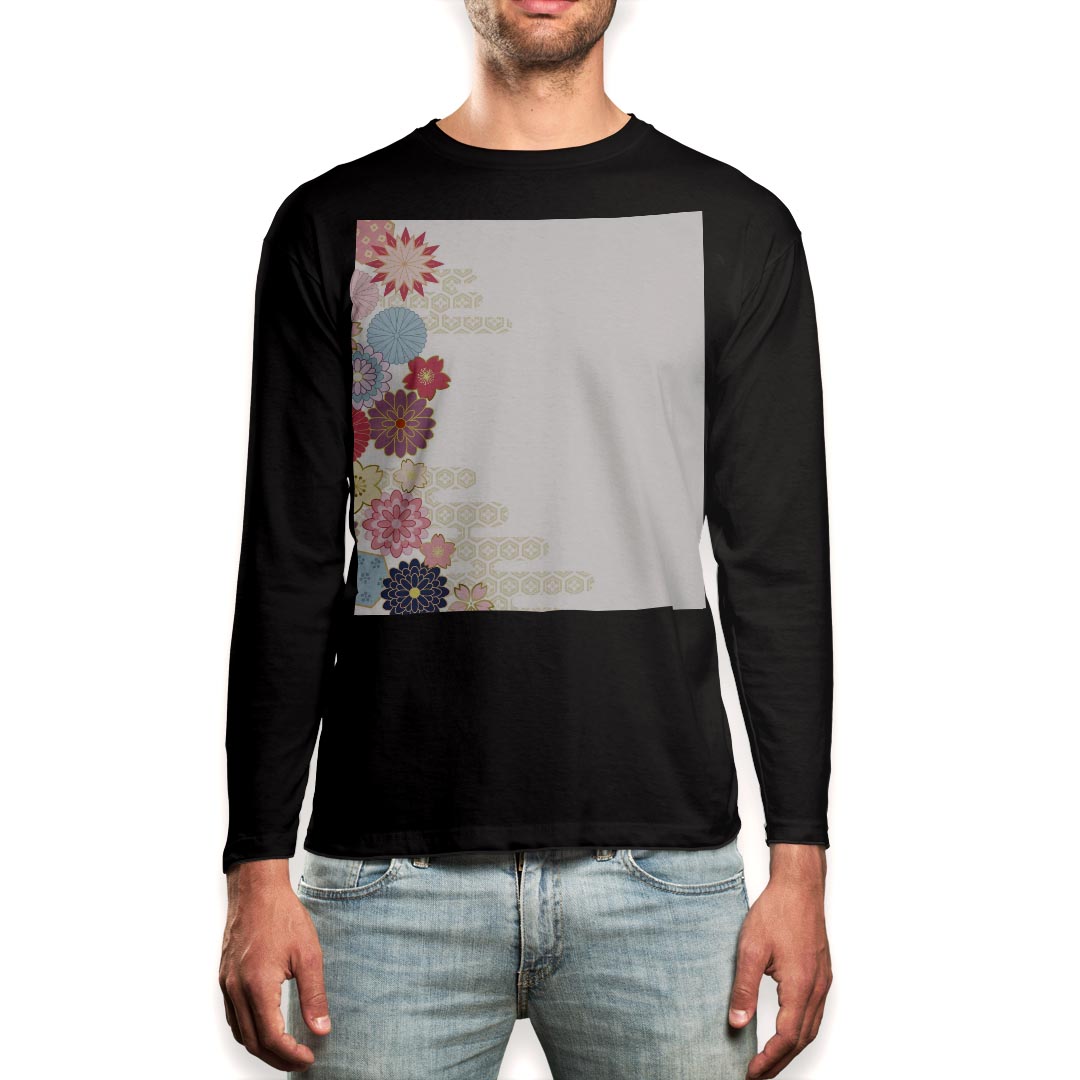 ロング tシャツ メンズ 長袖 ブラック デザイン XS S M L XL 2XL ロンT ティーシャツ 黒 black T shirt long sleeve 013948 花 和柄 フラワー