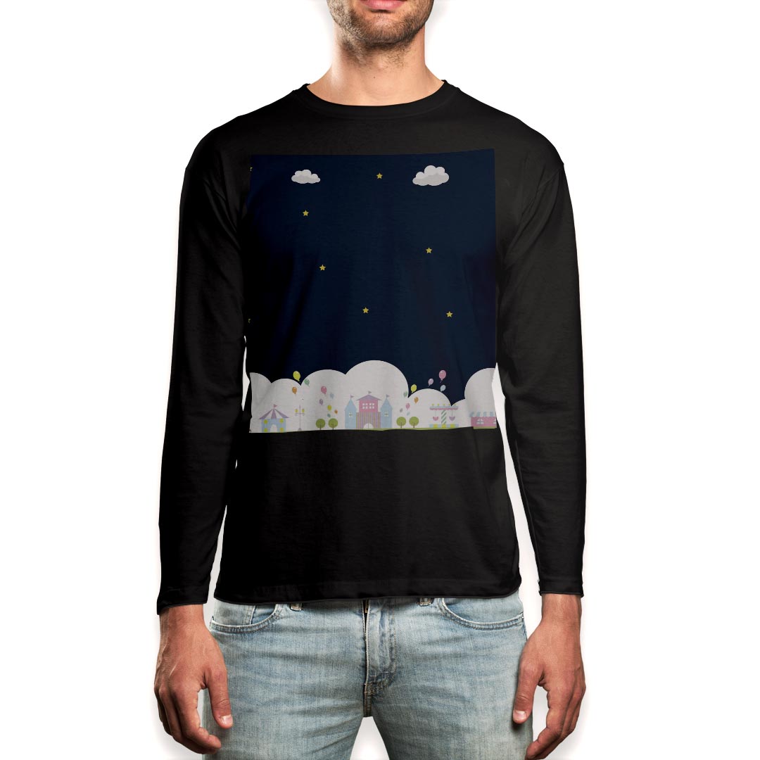 ロング tシャツ メンズ 長袖 ブラック デザイン XS S M L XL 2XL ロンT ティーシャツ 黒 black T shirt long sleeve 013966 夜空　風景　カラフル