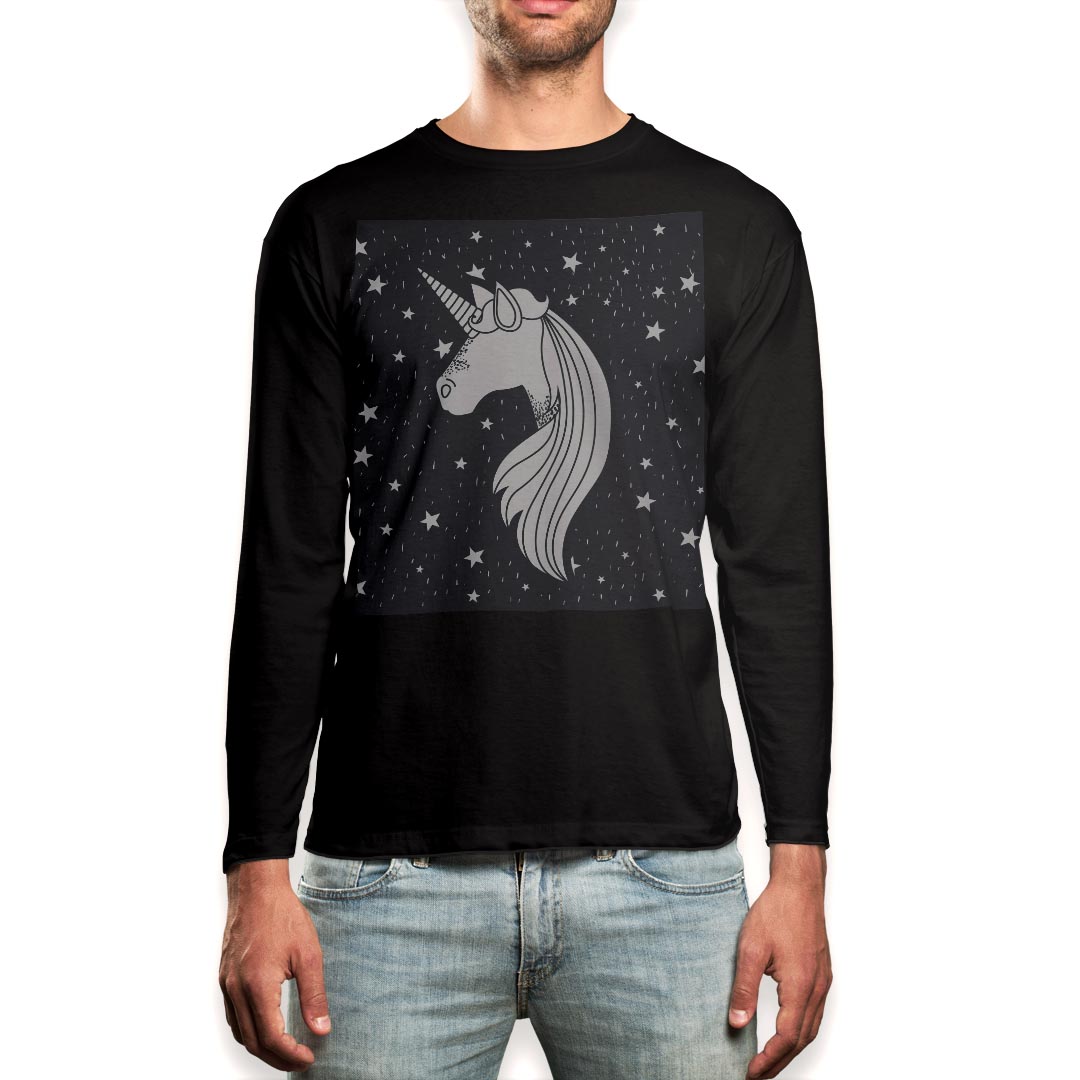 ロング tシャツ メンズ 長袖 ブラック デザイン XS S M L XL 2XL ロンT ティーシャツ 黒 black T shirt long sleeve 013987 ユニコーン　星