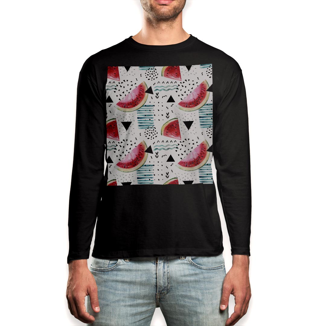 ロング tシャツ メンズ 長袖 ブラック デザイン XS S M L XL 2XL ロンT ティーシャツ 黒 black T shirt long sleeve 014052 スイカ 模様 トロピカル
