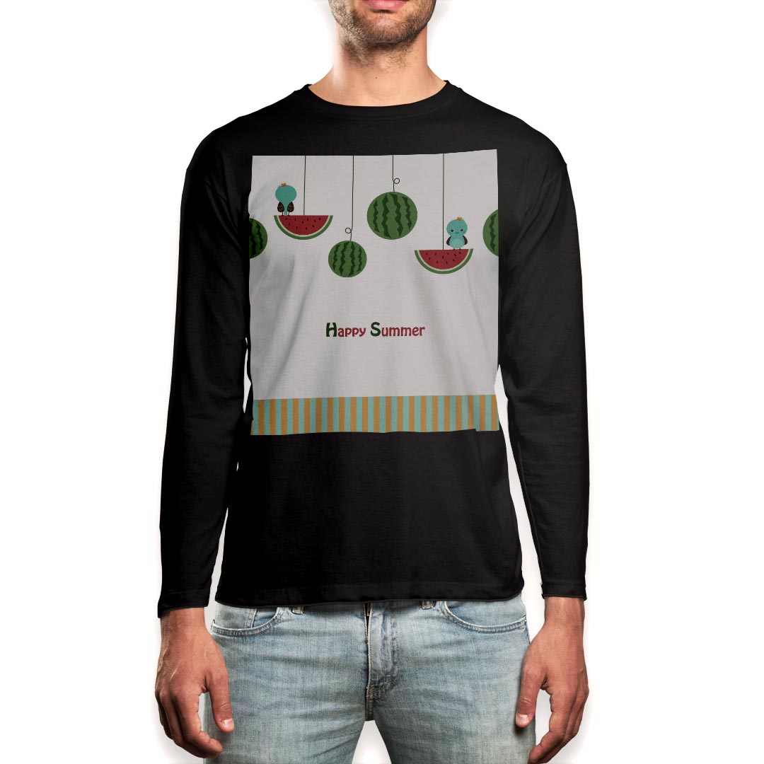 ロング tシャツ メンズ 長袖 ブラック デザイン XS S M L XL 2XL ロンT ティーシャツ 黒 black T shirt long sleeve 014100 夏 スイカ 鳥