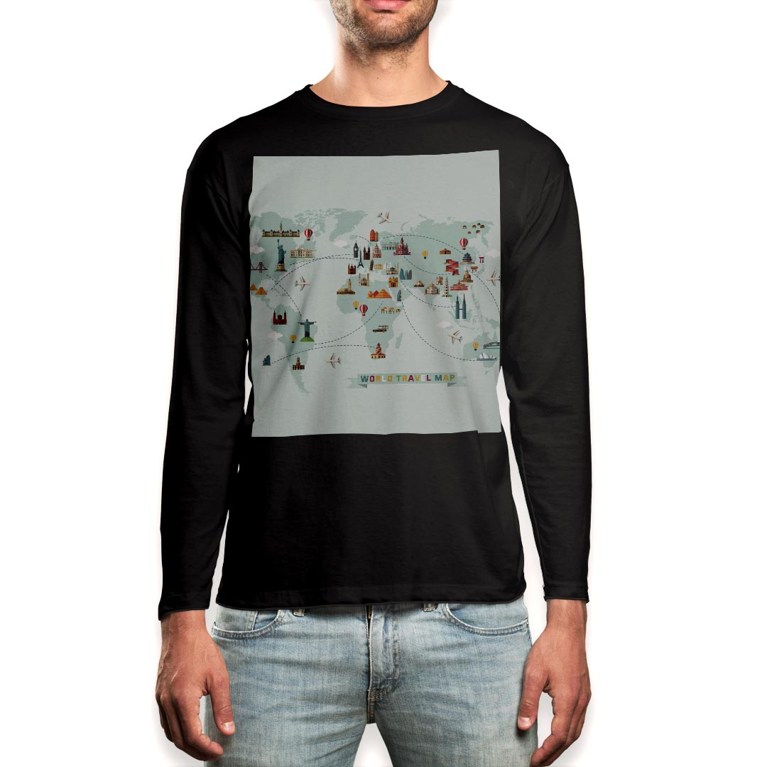 ロング tシャツ メンズ 長袖 ブラック デザイン XS S M L XL 2XL ロンT ティーシャツ 黒 black T shirt long sleeve 014129 世界地図 イラスト