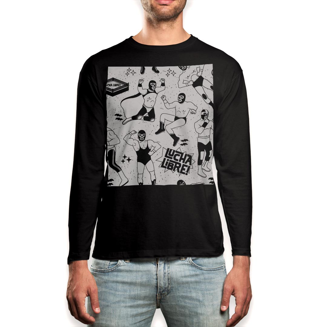 ロング tシャツ メンズ 長袖 ブラック デザイン XS S M L XL 2XL ロンT ティーシャツ 黒 black T shirt long sleeve 014134 プロレス　マスク　キャラクター