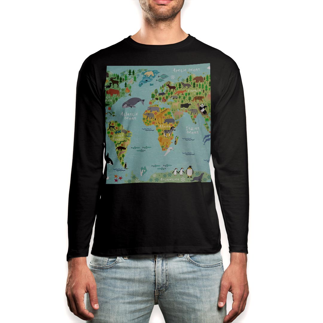 ロング tシャツ メンズ 長袖 ブラック デザイン XS S M L XL 2XL ロンT ティーシャツ 黒 black T shirt long sleeve 014138 世界地図 動物