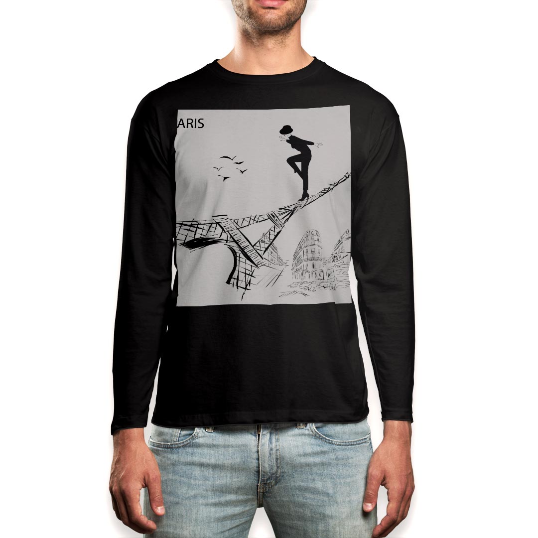 ロング tシャツ メンズ 長袖 ブラック デザイン XS S M L XL 2XL ロンT ティーシャツ 黒 black T shirt long sleeve 014171 パリ　外国　塔
