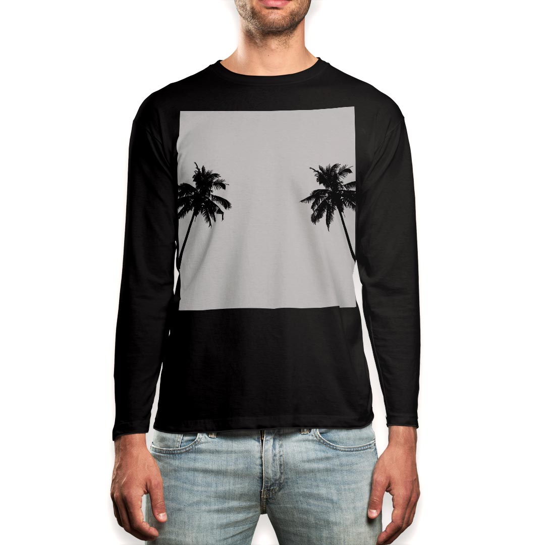 ロング tシャツ メンズ 長袖 ブラック デザイン XS S M L XL 2XL ロンT ティーシャツ 黒 black T shirt long sleeve 014308 ヤシの木 トロピカル