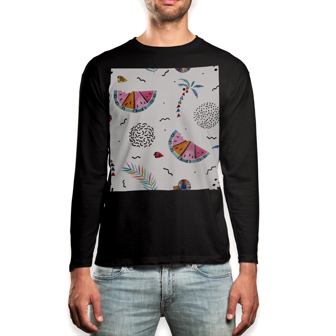 ロング tシャツ メンズ 長袖 ブラック デザイン XS S M L XL 2XL ロンT ティーシャツ 黒 black T shirt long sleeve 014344 ヤシの木 スイカ トロピカル