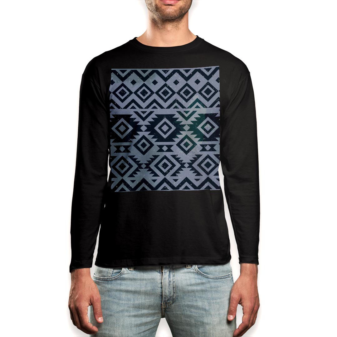 ロング tシャツ メンズ 長袖 ブラック デザイン XS S M L XL 2XL ロンT ティーシャツ 黒 black T shirt long sleeve 014493 ネイティブ柄　模様