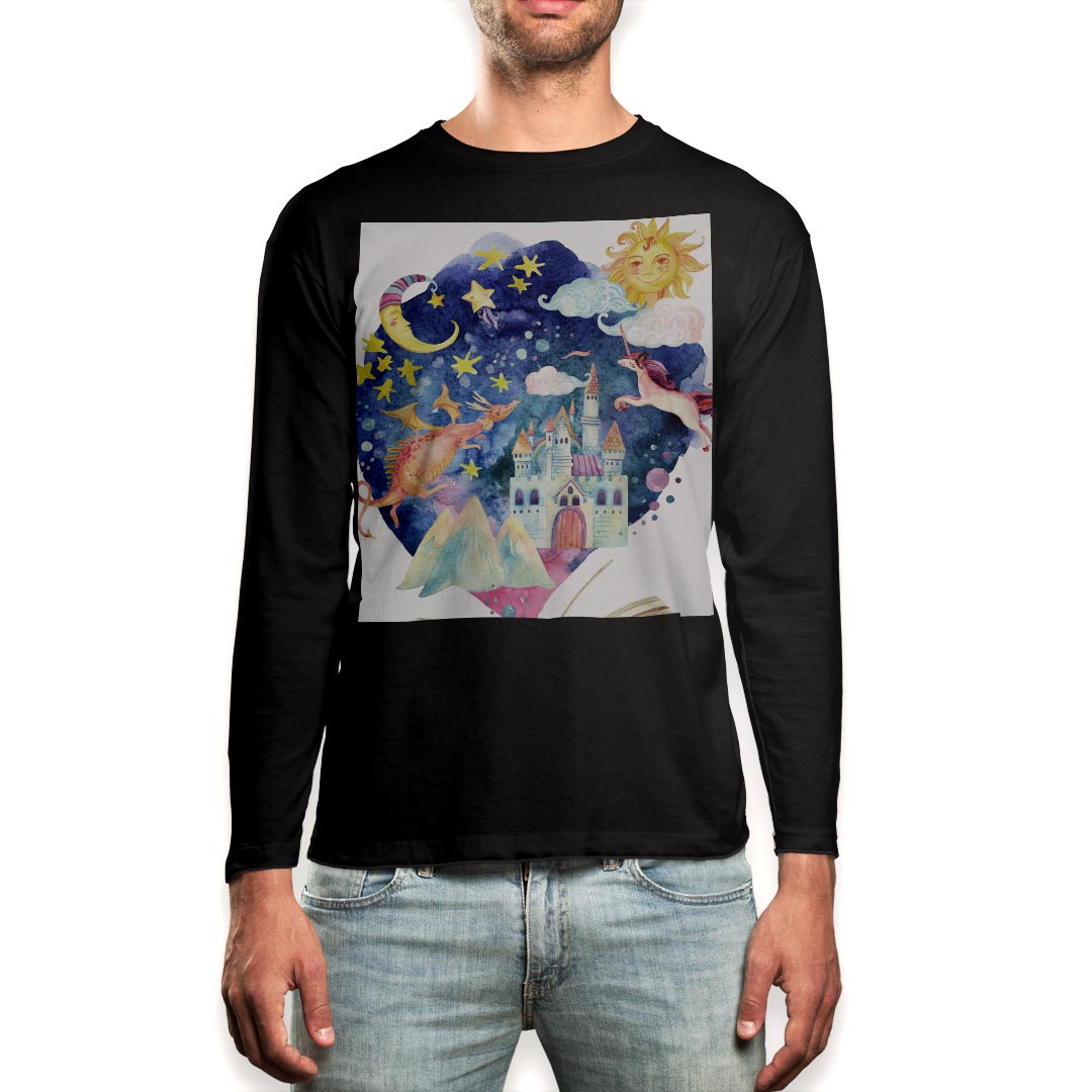 ロング tシャツ メンズ 長袖 ブラック デザイン XS S M L XL 2XL ロンT ティーシャツ 黒 black T shirt long sleeve 014577 絵本 夜空 ユニコーン
