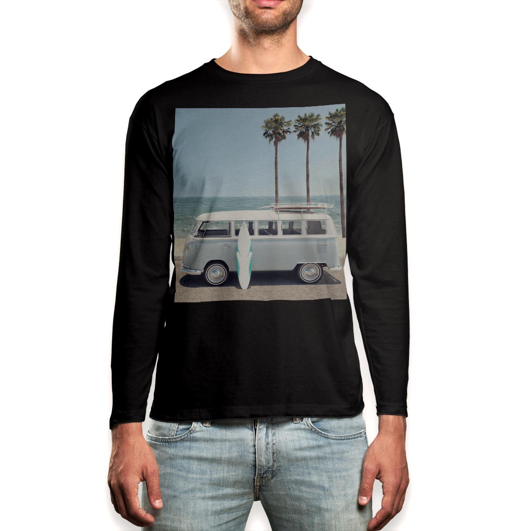 ロング tシャツ メンズ 長袖 ブラック デザイン XS S M L XL 2XL ロンT ティーシャツ 黒 black T shirt long sleeve 014588 サーフィン　車　写真(4.0)
