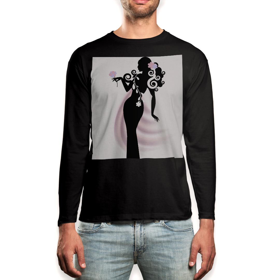 Spain （Clubs） - ロング tシャツ メンズ 長袖 ブラック デザイン XS S M L XL 2XL ロンT ティーシャツ 黒 black T shirt long sleeve 014650 人物　シルエット　花