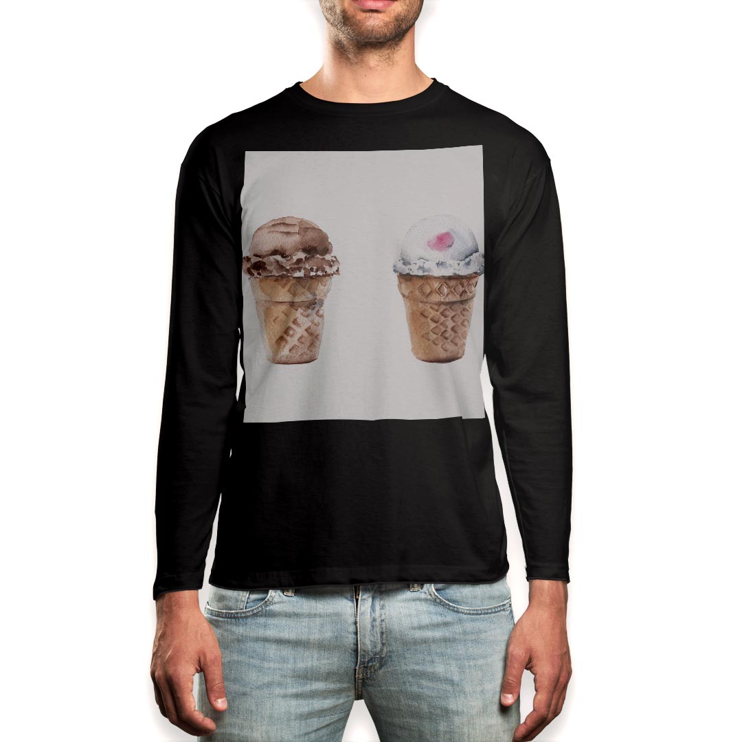 V領 - ロング tシャツ メンズ 長袖 ブラック デザイン XS S M L XL 2XL ロンT ティーシャツ 黒 black T shirt long sleeve 014774 アイス　かわいい　夏