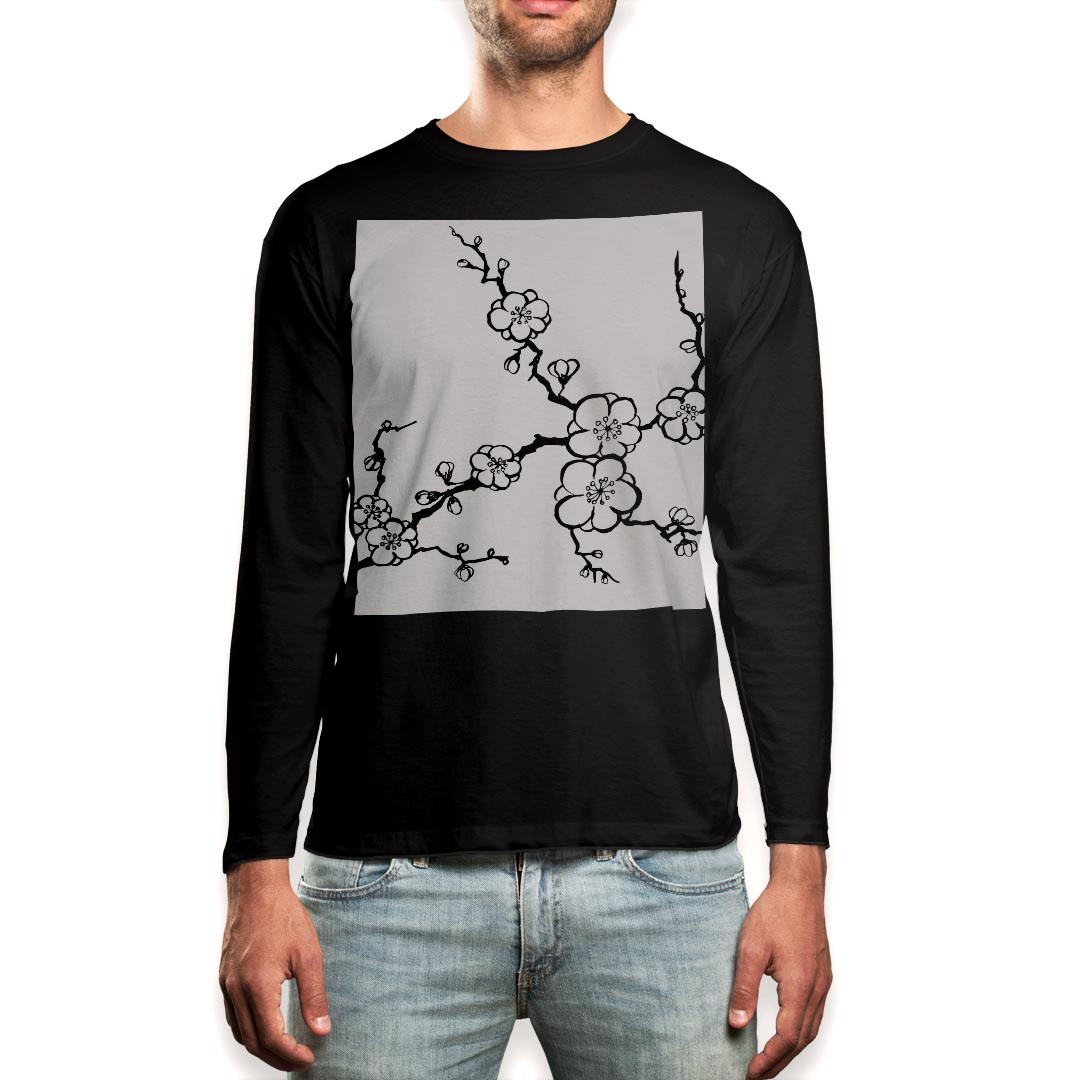 ロング tシャツ メンズ 長袖 ブラック デザイン XS S M L XL 2XL ロンT ティーシャツ 黒 black T shirt long sleeve 014873 桜　白黒　春