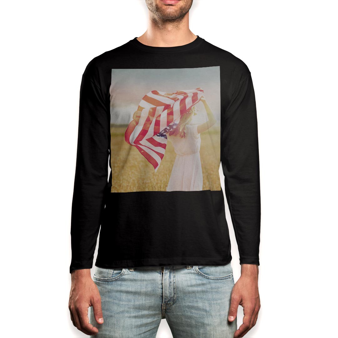 Long-Sleeved - ロング tシャツ メンズ 長袖 ブラック デザイン XS S M L XL 2XL ロンT ティーシャツ 黒 black T shirt long sleeve 014933 女の子　自然　アメリカ　国旗