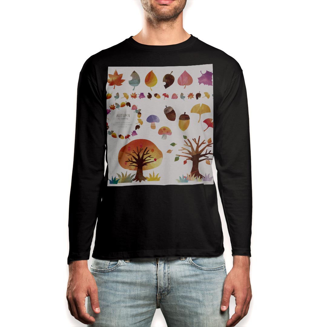 ロング tシャツ メンズ 長袖 ブラック デザイン XS S M L XL 2XL ロンT ティーシャツ 黒 black T shirt long sleeve 014959 秋 季節 どんぐり