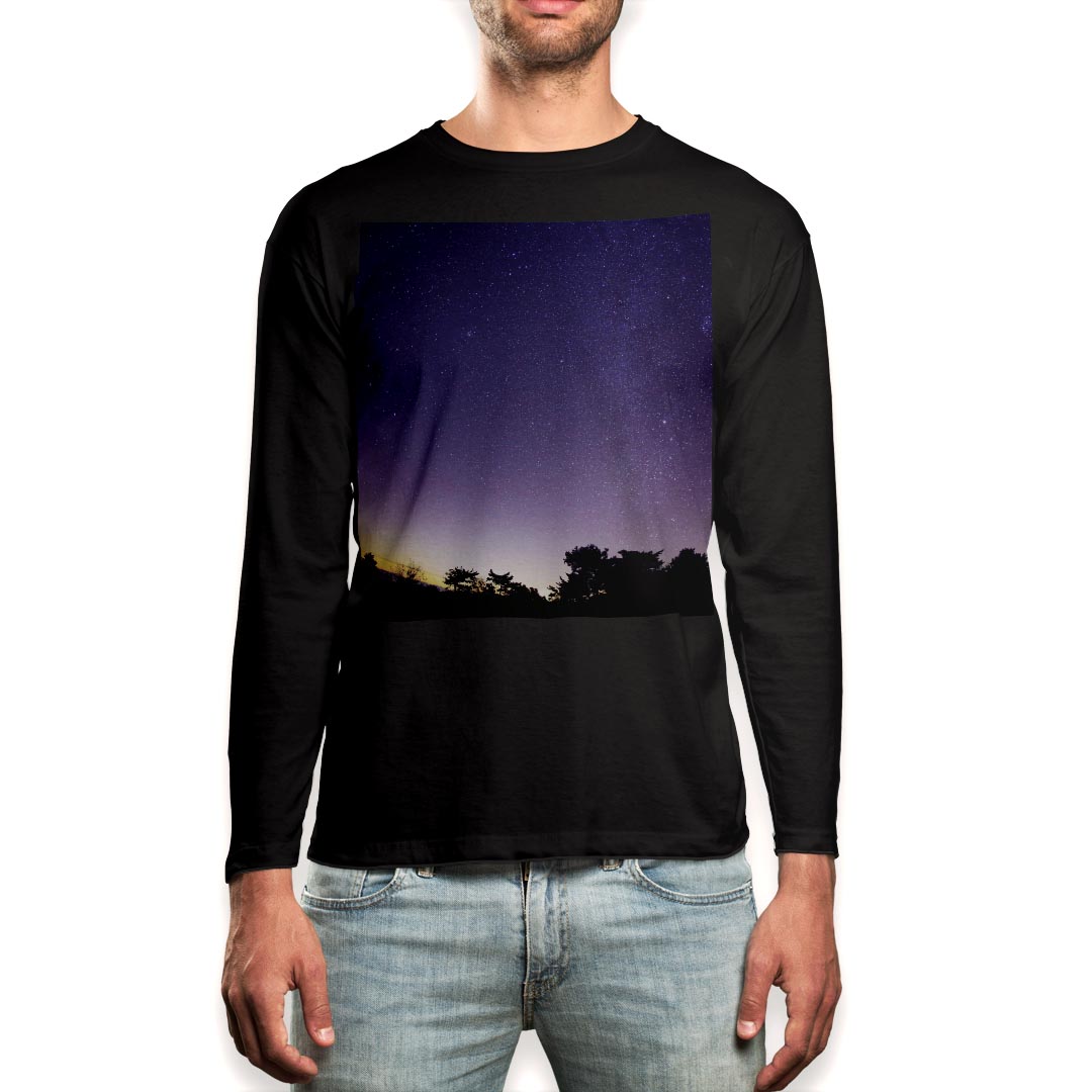 ロング tシャツ メンズ 長袖 ブラック デザイン XS S M L XL 2XL ロンT ティーシャツ 黒 black T shirt long sleeve 014964 風景　自然　背景　夜空