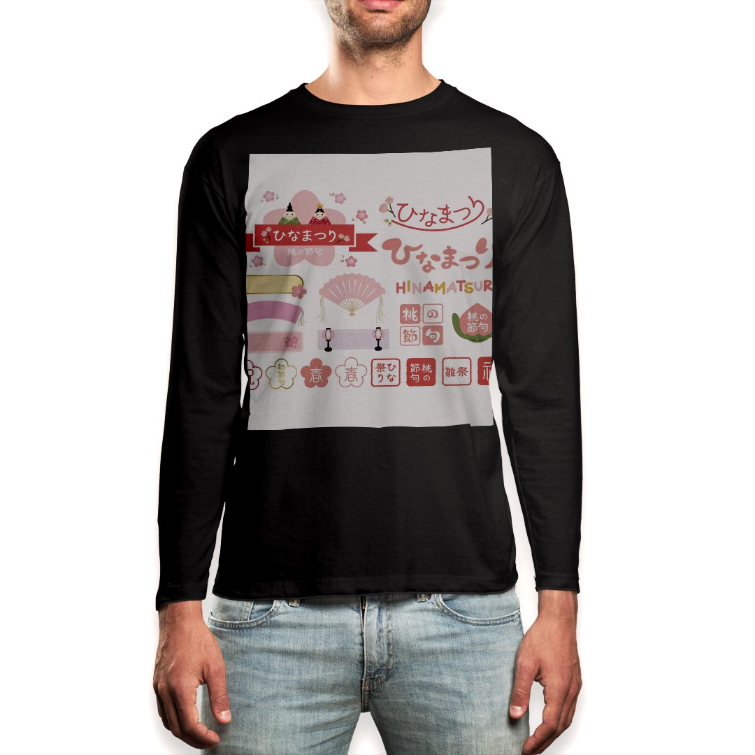 ロング tシャツ メンズ 長袖 ブラック デザイン XS S M L XL 2XL ロンT ティーシャツ 黒 black T shirt long sleeve 015387 ひな祭り 桜 季節 ピンク
