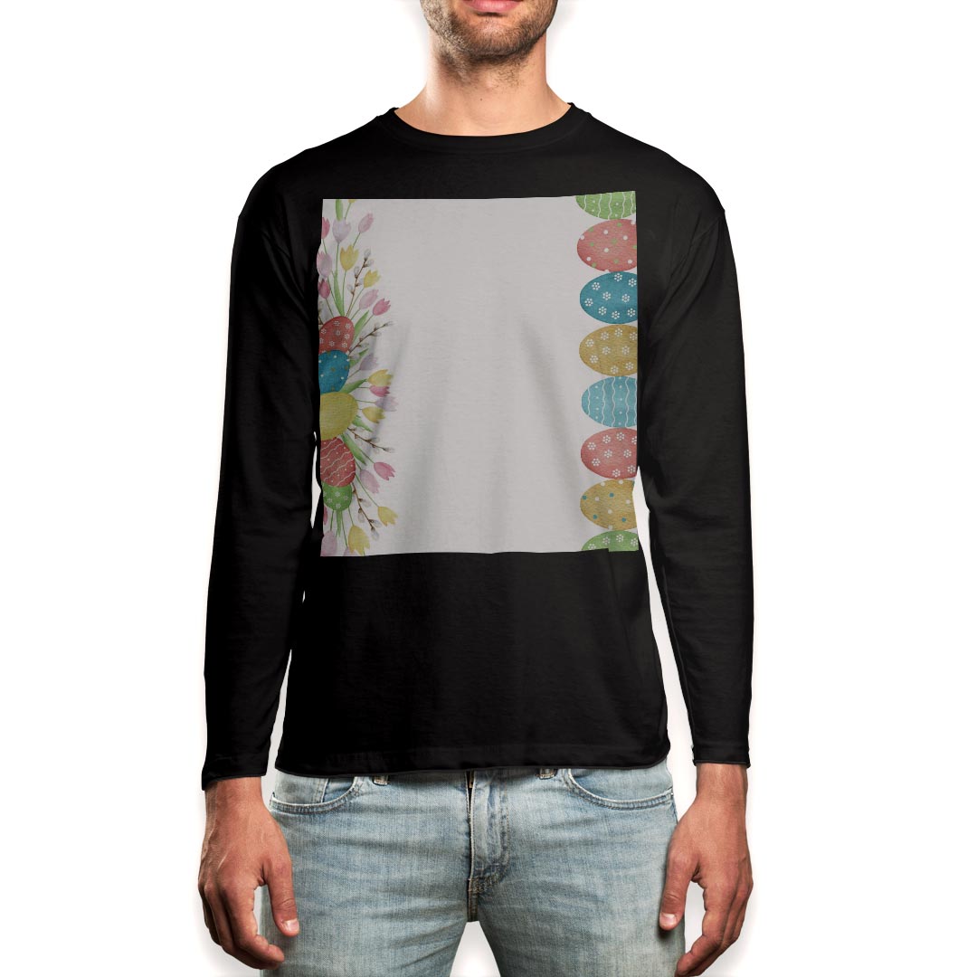 ロング tシャツ メンズ 長袖 ブラック デザイン XS S M L XL 2XL ロンT ティーシャツ 黒 black T shirt long sleeve 015396 イースター　たまご　とり　うさぎ　パステル