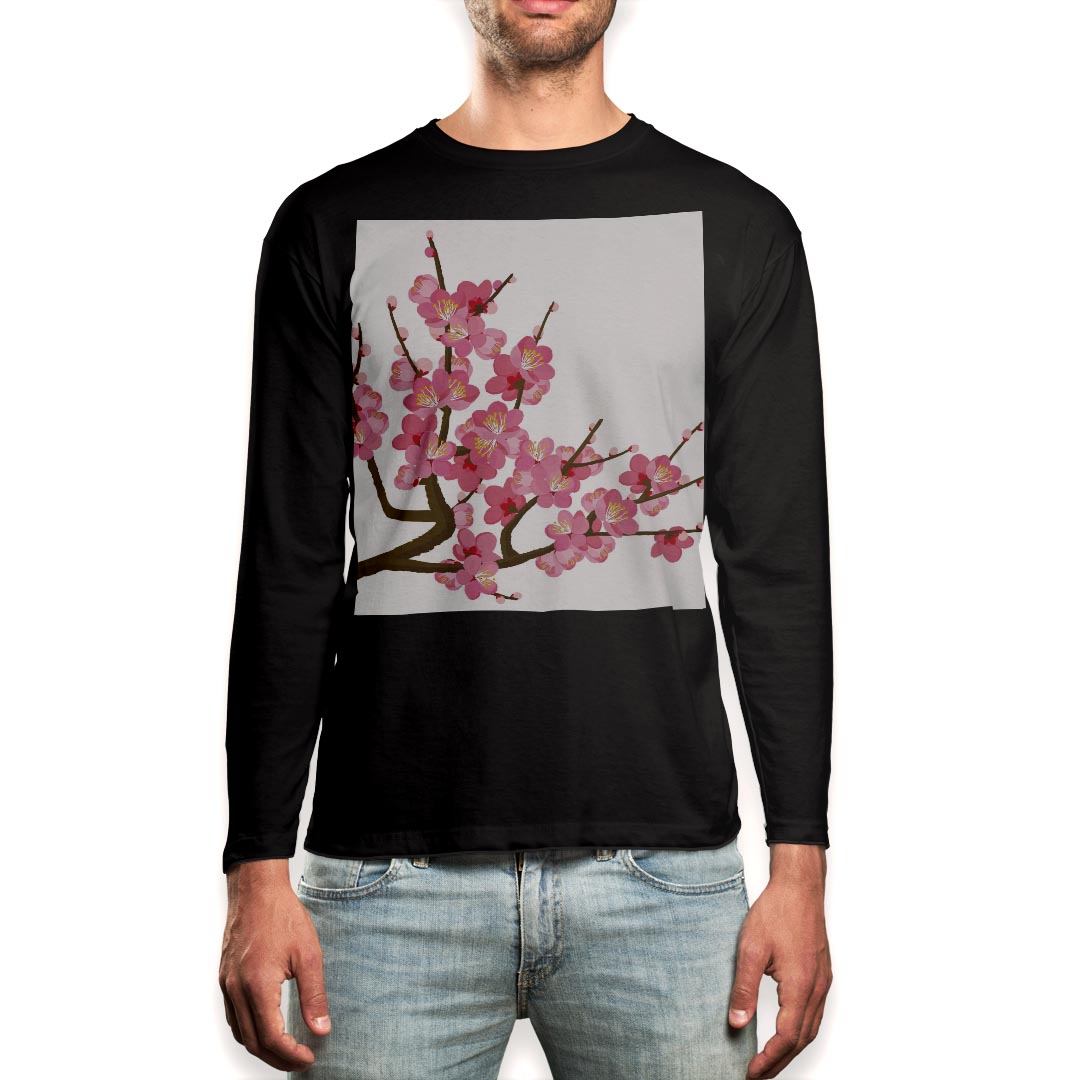 Rakuten - ロング tシャツ メンズ 長袖 ブラック デザイン XS S M L XL 2XL ロンT ティーシャツ 黒 black T shirt long sleeve 015456 梅　花　植物