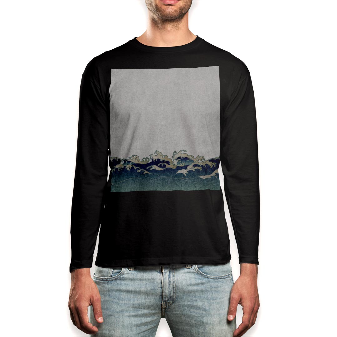 ロング tシャツ メンズ 長袖 ブラック デザイン XS S M L XL 2XL ロンT ティーシャツ 黒 black T shirt long sleeve 015529 波　和柄　富士山