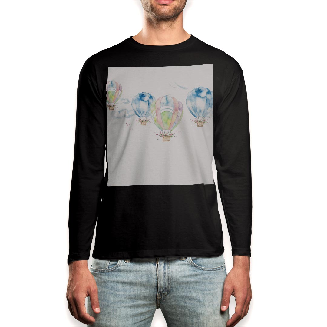 ロング tシャツ メンズ 長袖 ブラック デザイン XS S M L XL 2XL ロンT ティーシャツ 黒 black T shirt long sleeve 015557 気球　パステル　花