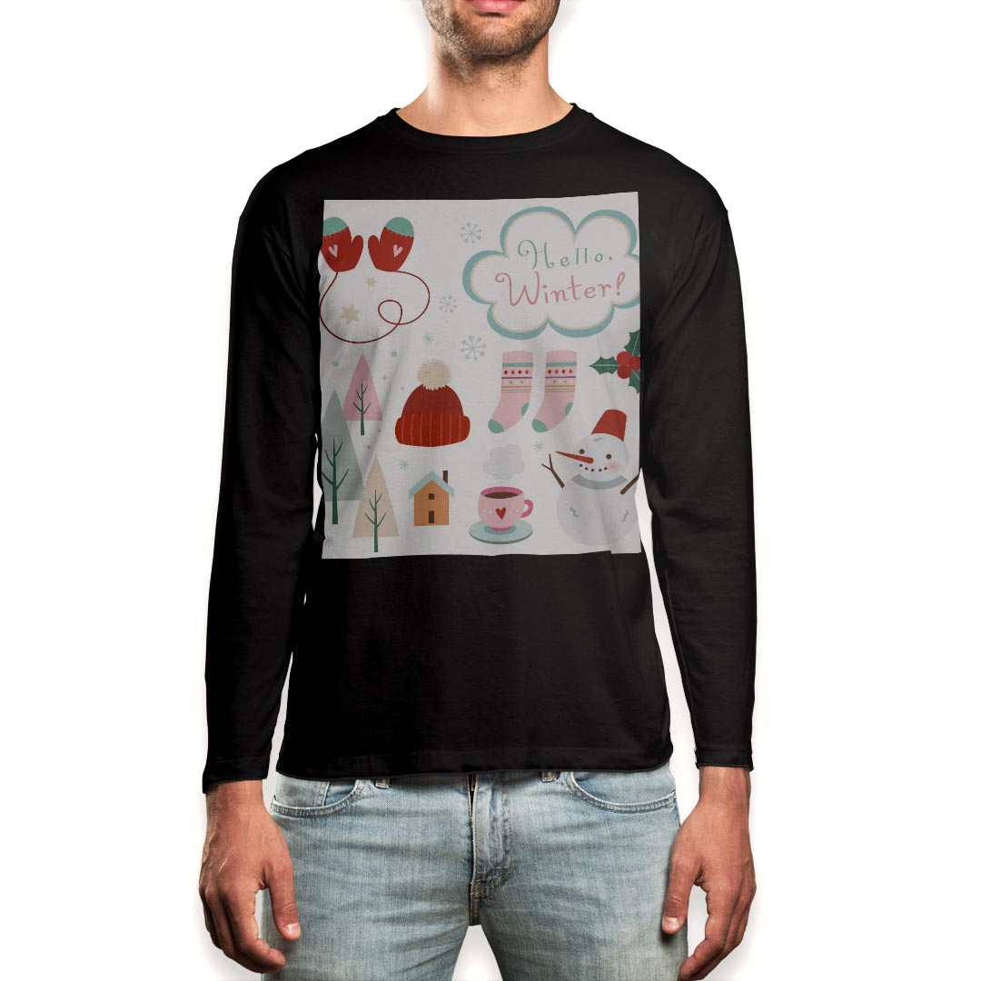ロング tシャツ メンズ 長袖 ブラック デザイン XS S M L XL 2XL ロンT ティーシャツ 黒 black T shirt long sleeve 015600 冬　クリスマス　ゆきだるま kabekore-10639436 kabeコレ パッケージ画像