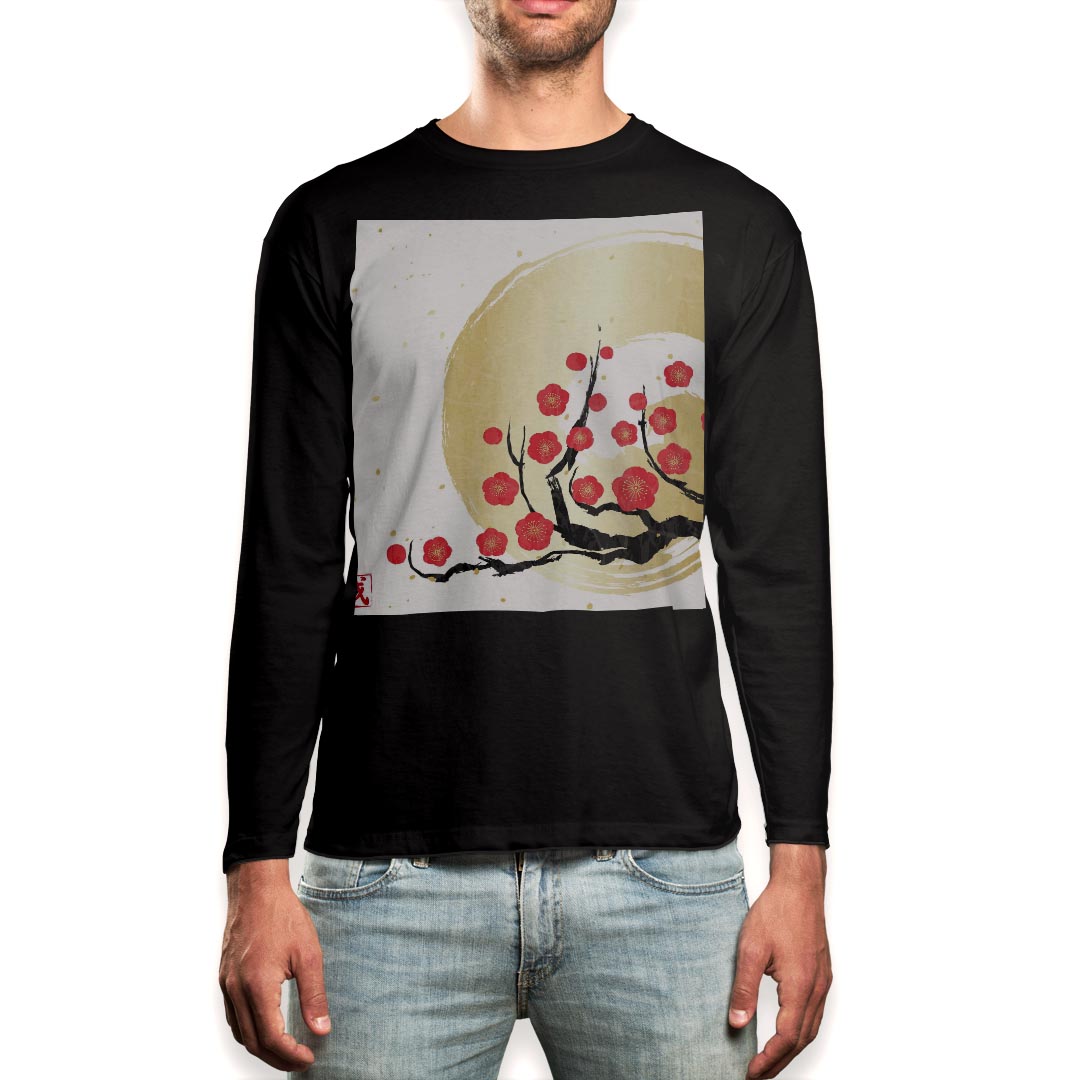 Other - ロング tシャツ メンズ 長袖 ブラック デザイン XS S M L XL 2XL ロンT ティーシャツ 黒 black T shirt long sleeve 015666 梅　花　植物