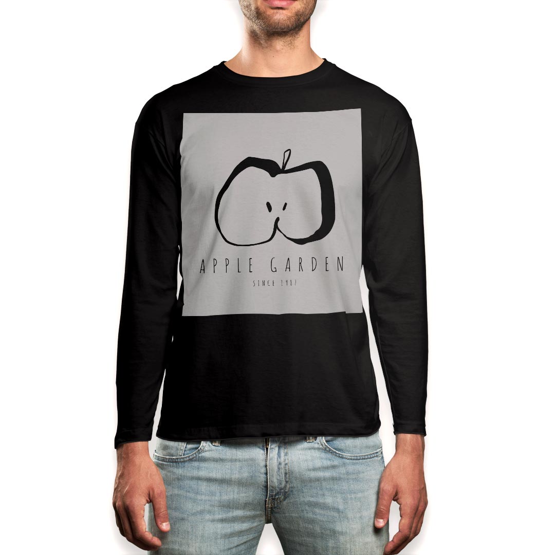 Crew Neck - ロング tシャツ メンズ 長袖 ブラック デザイン XS S M L XL 2XL ロンT ティーシャツ 黒 black T shirt long sleeve 015729 りんご　果実　食べ物