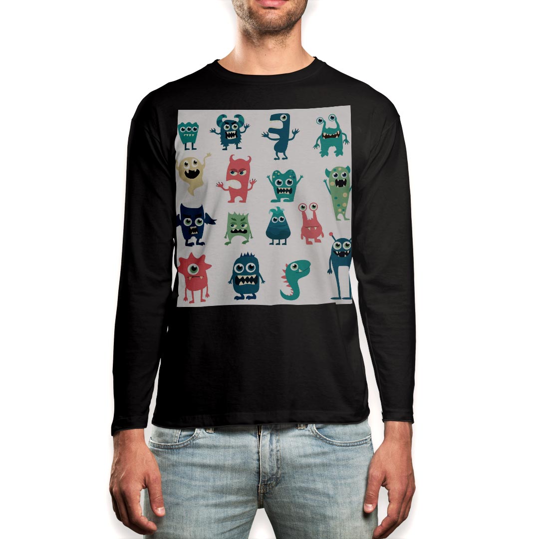 ロング tシャツ メンズ 長袖 ブラック デザイン XS S M L XL 2XL ロンT ティーシャツ 黒 black T shirt long sleeve 015774 おばけ 宇宙人 キャラクター かわいい