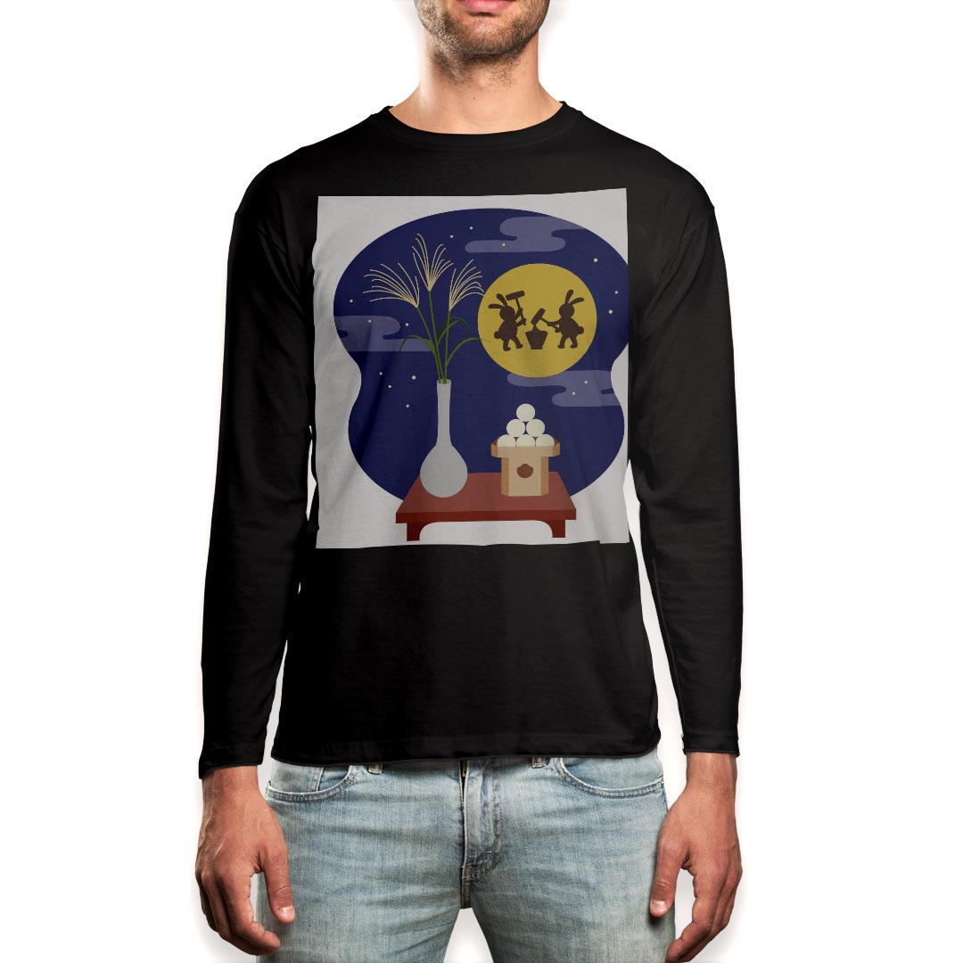 ロング tシャツ メンズ 長袖 ブラック デザイン XS S M L XL 2XL ロンT ティーシャツ 黒 black T shirt long sleeve 015834 月見　十五夜　うさぎ(4)