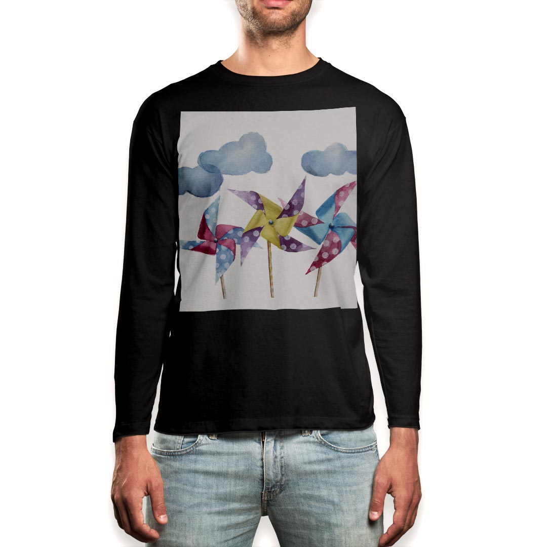 ロング tシャツ メンズ 長袖 ブラック デザイン XS S M L XL 2XL ロンT ティーシャツ 黒 black T shirt long sleeve 015868 風車　雲　かわいい