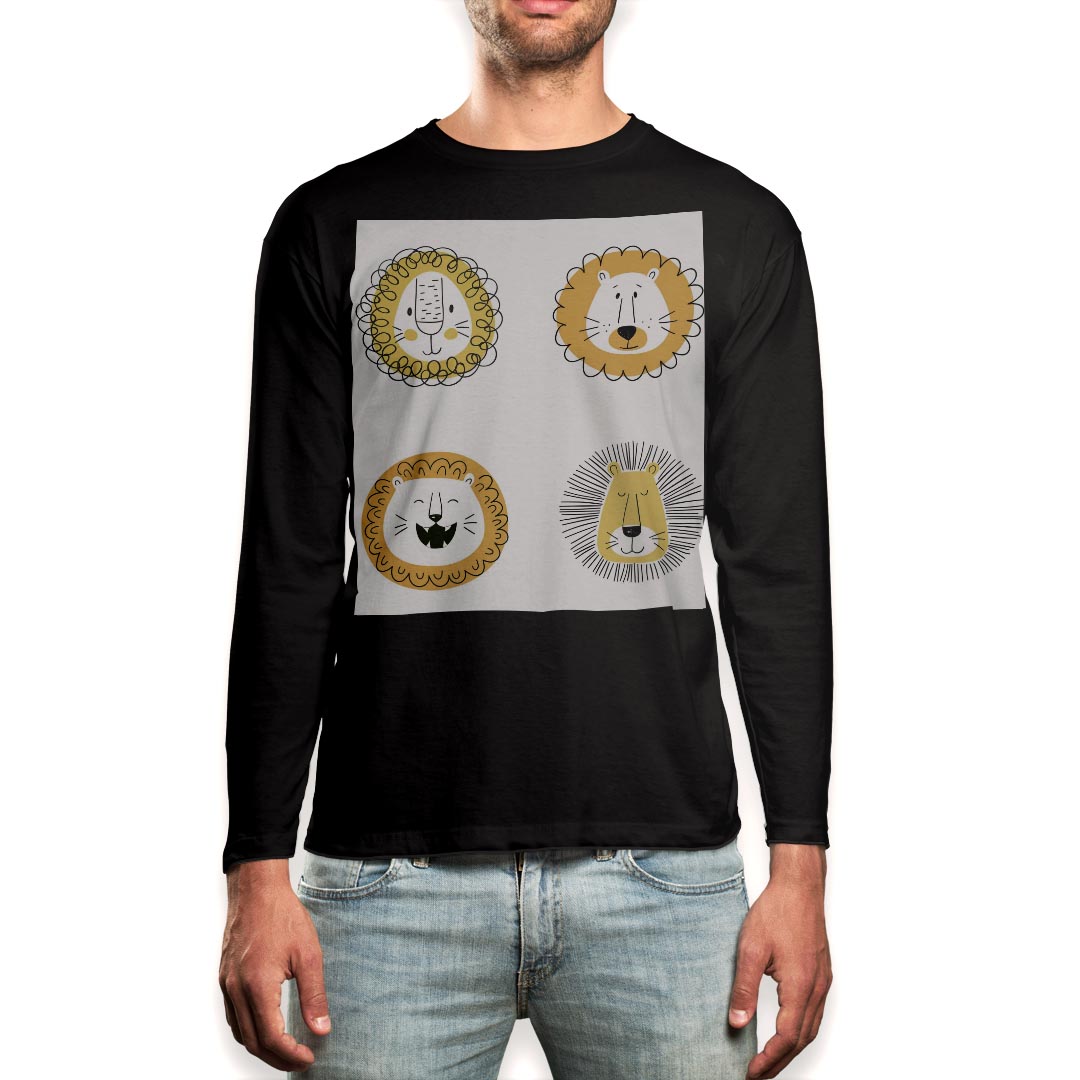 ロング tシャツ メンズ 長袖 ブラック デザイン XS S M L XL 2XL ロンT ティーシャツ 黒 black T shirt long sleeve 015906 ライオン　黄色　動物(4.0)
