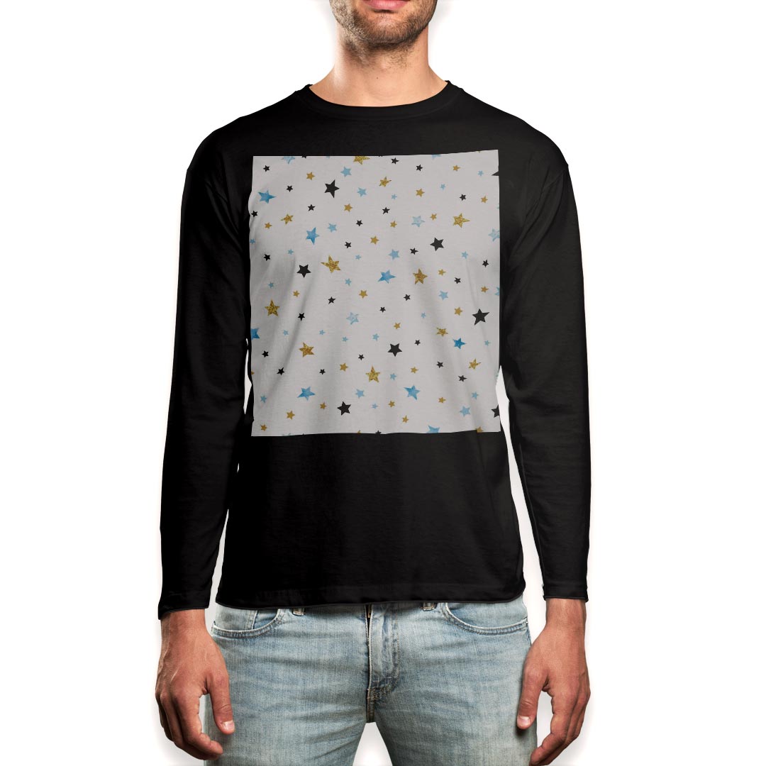 ロング tシャツ メンズ 長袖 ブラック デザイン XS S M L XL 2XL ロンT ティーシャツ 黒 black T shirt long sleeve 015935 星　模様　カラフル