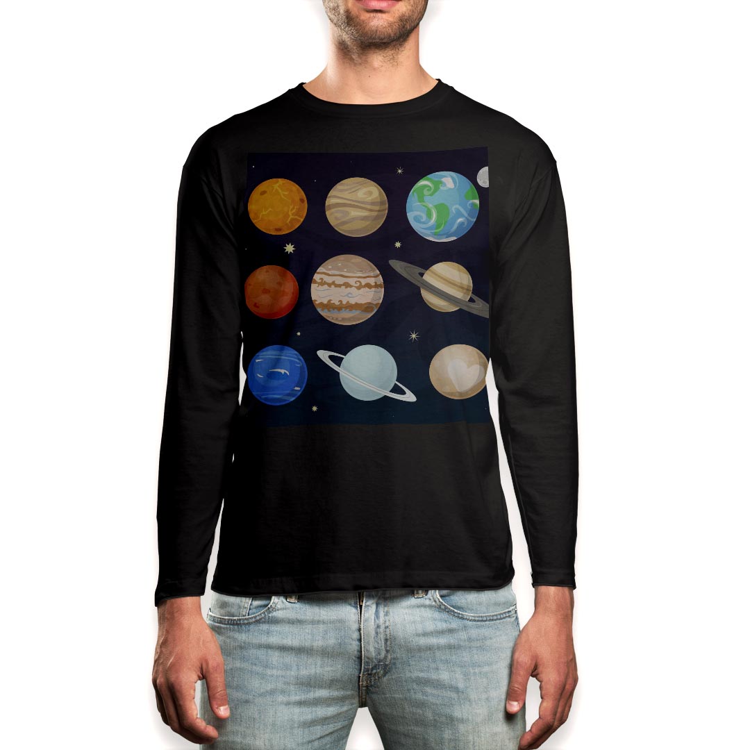 短袖 - ロング tシャツ メンズ 長袖 ブラック デザイン XS S M L XL 2XL ロンT ティーシャツ 黒 black T shirt long sleeve 015951 太陽系　宇宙　惑星