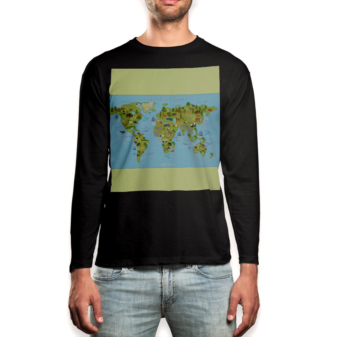 乐天商城 - ロング tシャツ メンズ 長袖 ブラック デザイン XS S M L XL 2XL ロンT ティーシャツ 黒 black T shirt long sleeve 015952 世界地図　wordmap