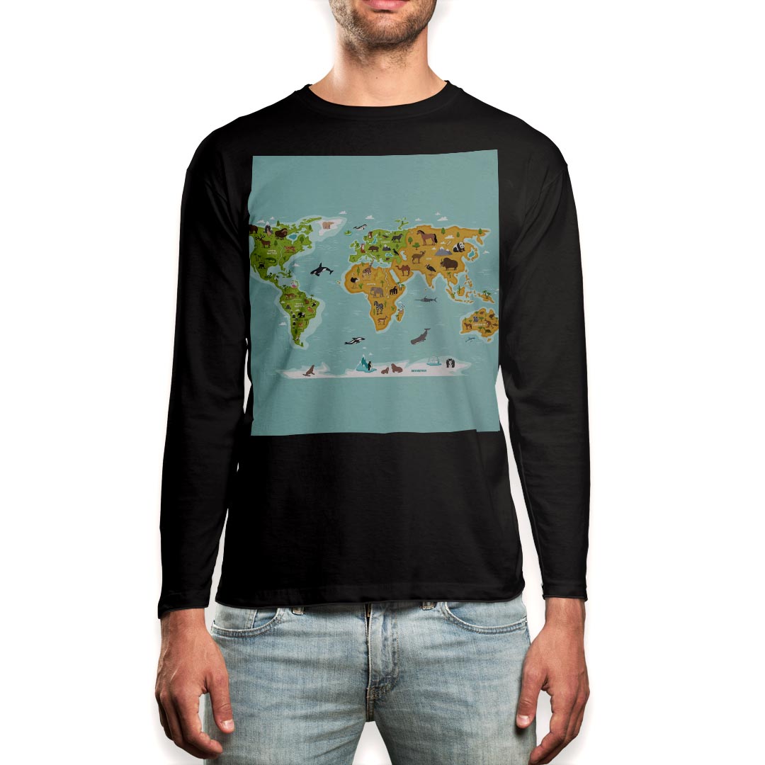 ロング tシャツ メンズ 長袖 ブラック デザイン XS S M L XL 2XL ロンT ティーシャツ 黒 black T shirt long sleeve 015957 世界地図 wordmap 動物
