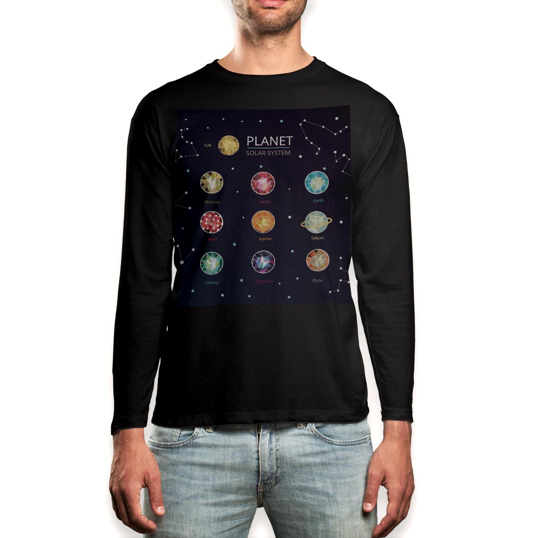 ロング tシャツ メンズ 長袖 ブラック デザイン XS S M L XL 2XL ロンT ティーシャツ 黒 black T shirt long sleeve 015985 太陽系 宇宙 惑星