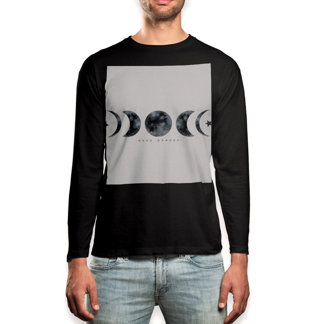 乐天商城 - ロング tシャツ メンズ 長袖 ブラック デザイン XS S M L XL 2XL ロンT ティーシャツ 黒 black T shirt long sleeve 016036 月の満ち欠け　宇宙　月