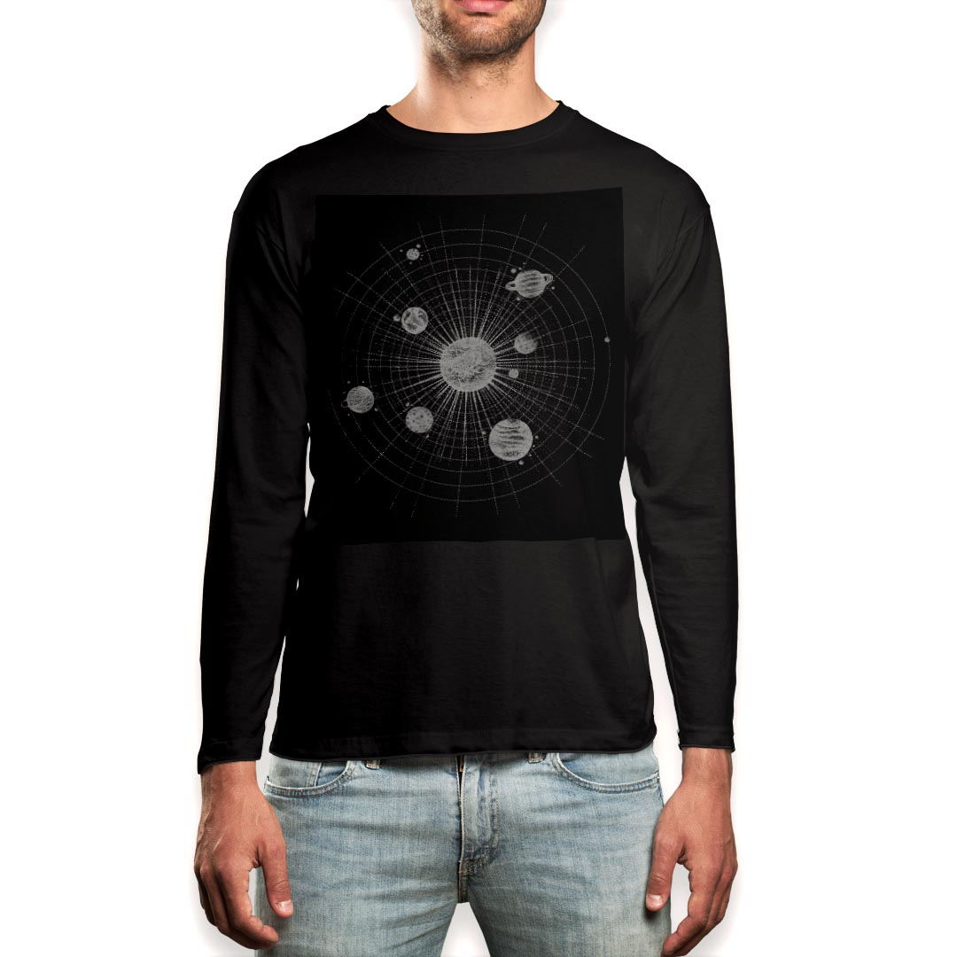 ロング tシャツ メンズ 長袖 ブラック デザイン XS S M L XL 2XL ロンT ティーシャツ 黒 black T shirt long sleeve 016129 地球 宇宙