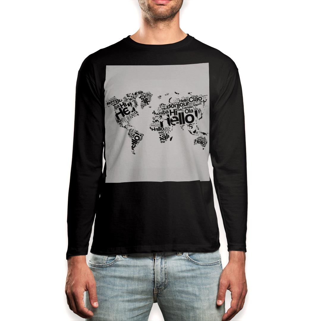 ロング tシャツ メンズ 長袖 ブラック デザイン XS S M L XL 2XL ロンT ティーシャツ 黒 black T shirt long sleeve 016157 地図　世界..