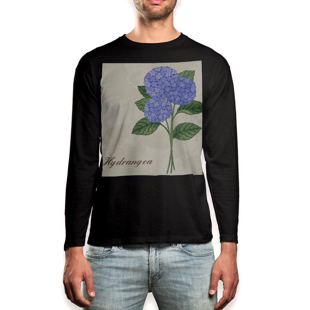 ロング tシャツ メンズ 長袖 ブラック デザイン XS S M L XL 2XL ロンT ティーシャツ 黒 black T shirt long sleeve 016332 あじさい 梅雨 花